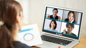 Coach has a virtual group coaching session. This is to symbolize virtual group classes where parents and toddlers can cook with others in the group but everyone will be at their individual houses