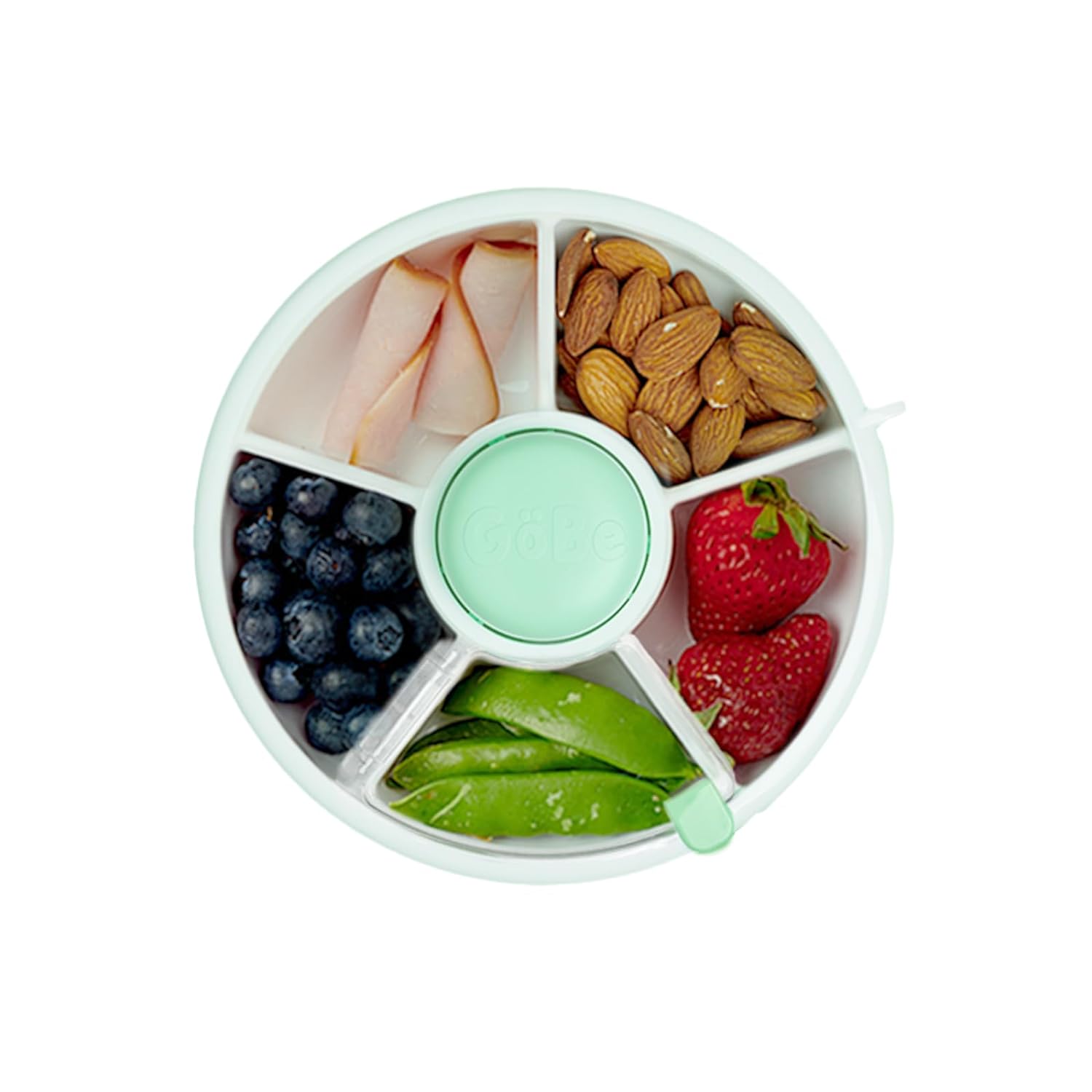 Kid-Friendly Kitchen Tools Circular snack container with five compartments holding turkey slices, almonds, strawberries, blueberries, and snap peas, viewed from above on a white background.