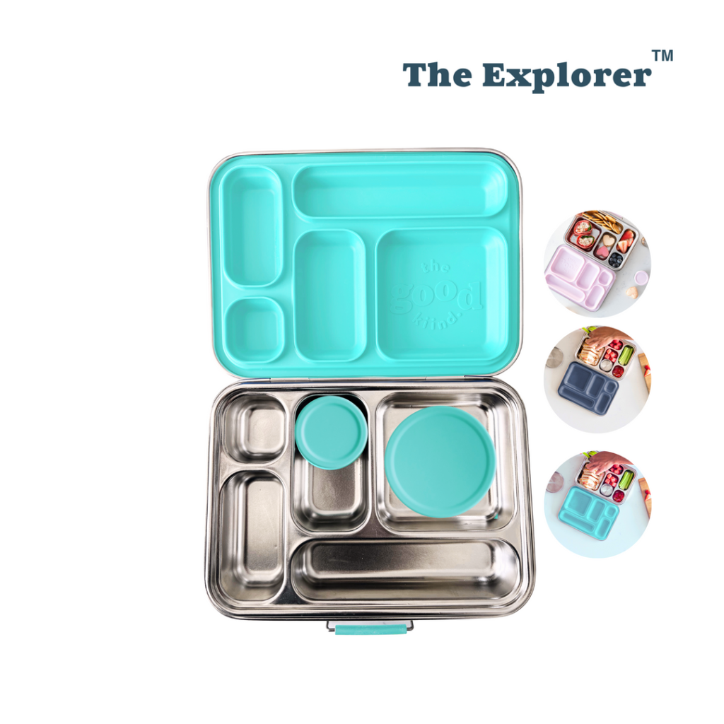 Kid-Friendly Kitchen Tools An open stainless steel lunchbox with a turquoise silicone insert, labeled "The Explorer," shown with three small photos of the lunchbox filled with food.