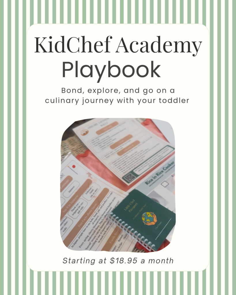 KidChef Academy Playbook showing snippets of what is inside - little chef passport, fun facts about japan, rice in rice cooker and onigiri recipe cards, among other content pieces